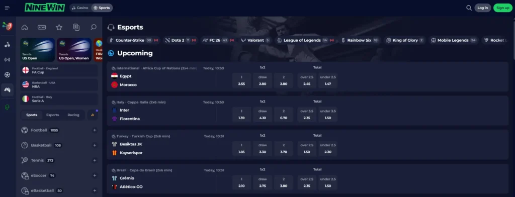 Ninewins sportsbook page with sports and esports betting markets