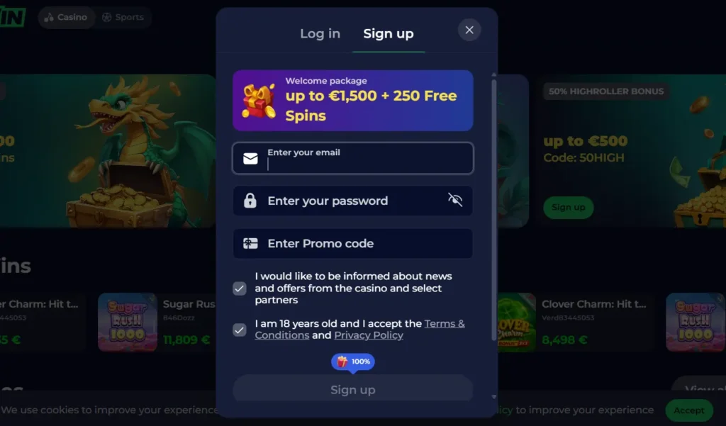 NineWin registration page with account sign-up form